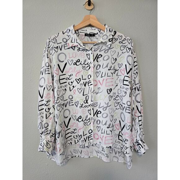 Red Sky 1X Love & Hearts Graphic Button Front Blouse Oversized Vibes Romantic - Picture 1 of 7